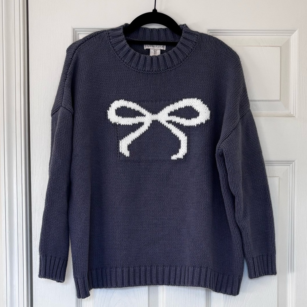 Sincerely Jules Cotton Blend Knit Crewneck Sweater with Front Bow Design